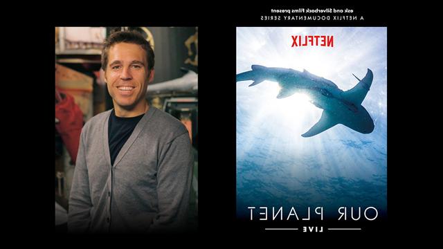 Collage of portraits and a film poster featuring a shark in the ocean